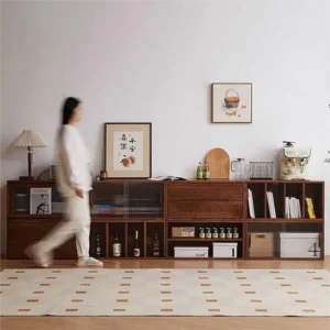 manna-walnut-modular-sideboard-credenza-wall-living-room Manna black walnut modular sideboard credenza units combined along a wall in a contemporary living room.