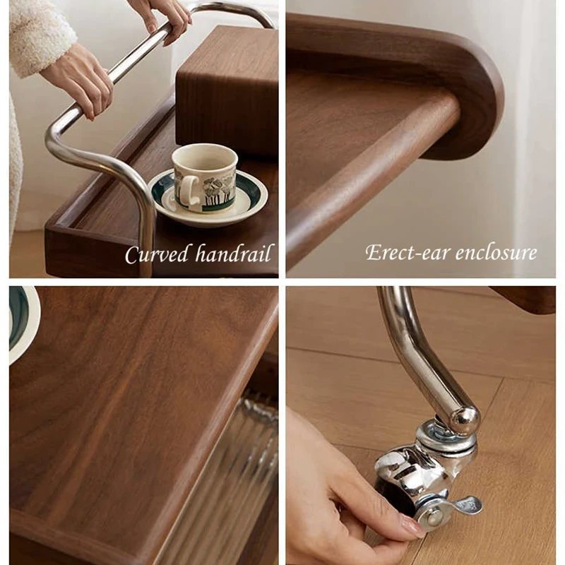 manna walnut serving bar cart chrome handrail detail