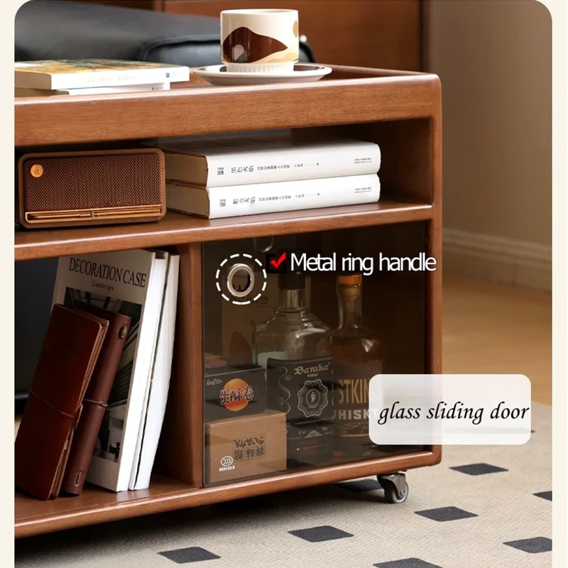 manna walnut serving bar cart glass sliding door detail