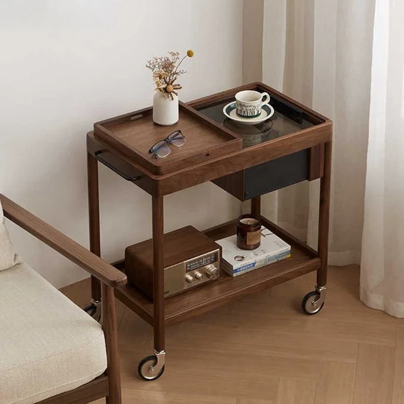 manna walnut serving bar cart removable tray glass top