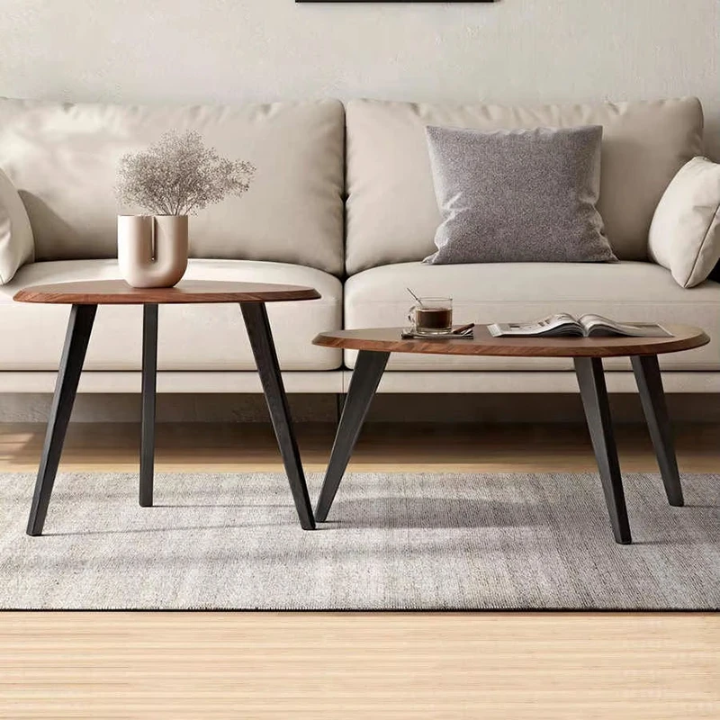manna walnut triangle nesting coffee tables beige sofa