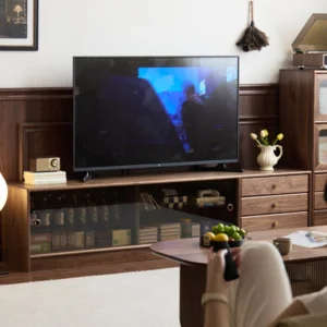 manna walnut tv stand glass doors drawers living room