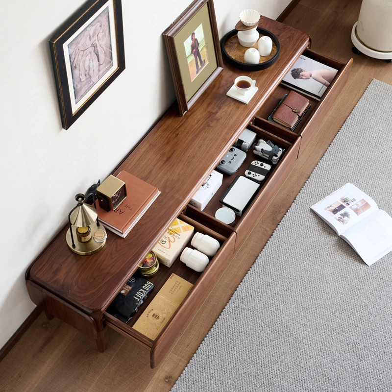 manna walnut tv stand open drawers storage overhead view
