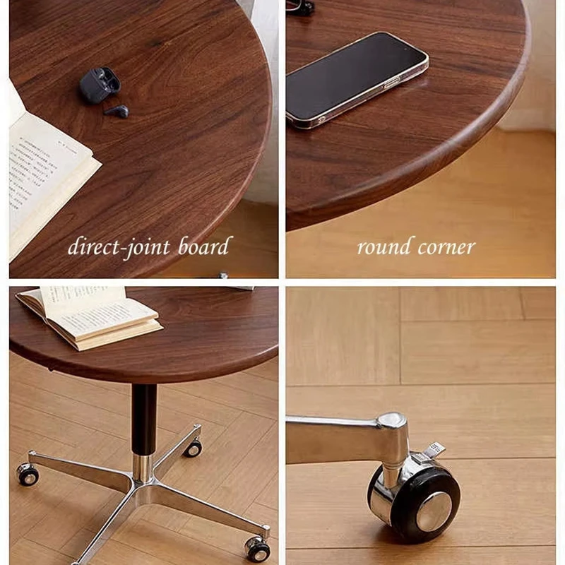 MannaHarmony Home height adjustable walnut round table with casters, multi-use small dining coffee table for home and cafe, solid wood furniture supplier