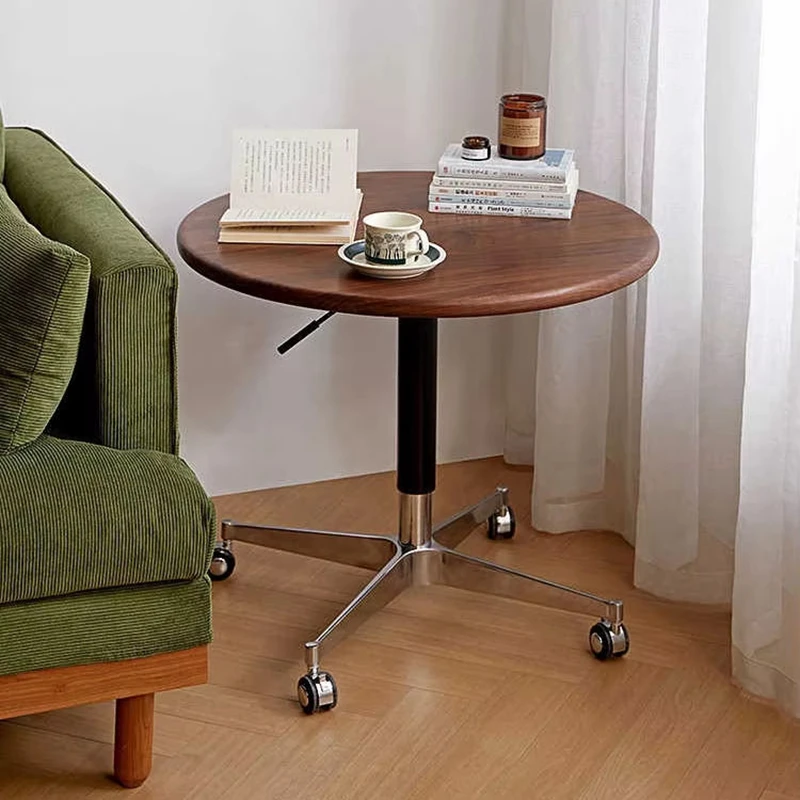 MannaHarmony Home height adjustable walnut round side table with rolling casters, mobile bedside table for bedroom, solid wood top B2B wholesale furniture