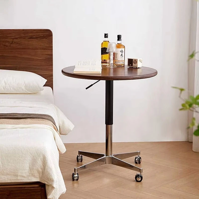 MannaHarmony Home mobile walnut round end table, height adjustable side table with wheels beside sofa, modern living room furniture wholesale