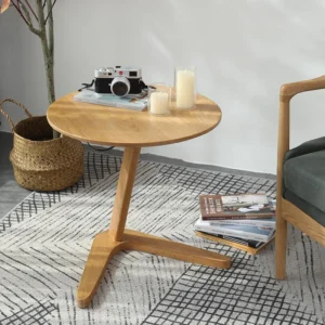 MannaHarmony Home solid white oak Z leg side table, natural solid wood round end table for modern home interior