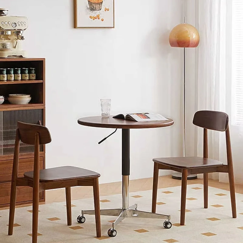MannaHarmony Home walnut height adjustable side table detail, direct-joint solid wood top, round corner, 5-star metal base with locking casters, OEM ODM furniture