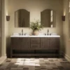 Modern rustic dark oak double sink bathroom vanity with white marble countertop and matching arched mirrors in a master bathroom.