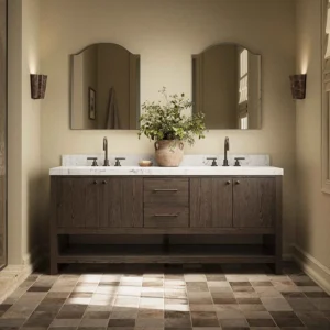 Modern rustic dark oak double sink bathroom vanity with white marble countertop and matching arched mirrors in a master bathroom.