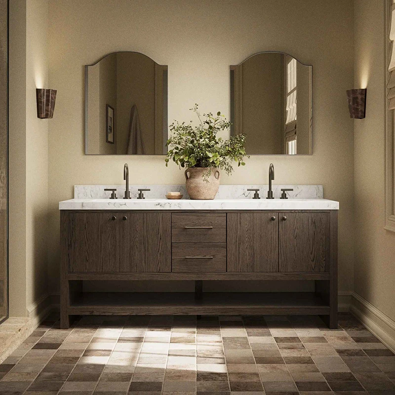 Modern rustic dark oak double sink bathroom vanity with white marble countertop and matching arched mirrors in a master bathroom.