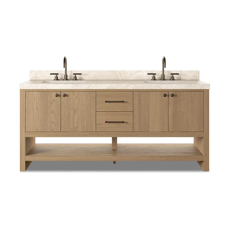 Natural light oak double sink vanity cabinet with white marble top, bronze hardware handles, and open bottom storage shelf.