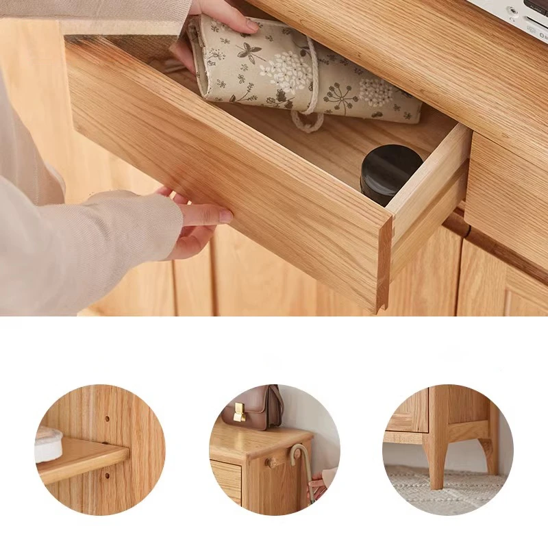 Functional features of wooden shoe sideboard including pull-out drawer, adjustable shelves, side umbrella hooks, and solid wood tapered legs.