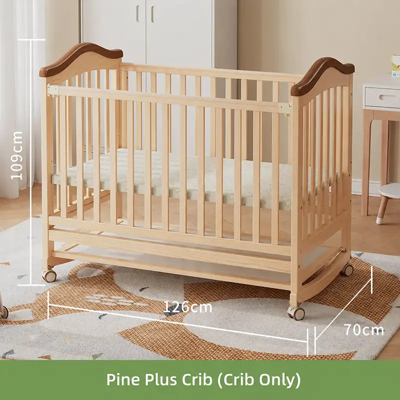 Pine wood convertible baby crib exterior dimension diagram measuring 126cm long, 70cm wide, and 109cm high.