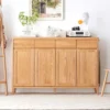 solid-oak-4-door-entryway-shoe-cabinet Front view of modern Japandi style solid oak 4-door shoe storage cabinet with top drawers in an aesthetic foyer.