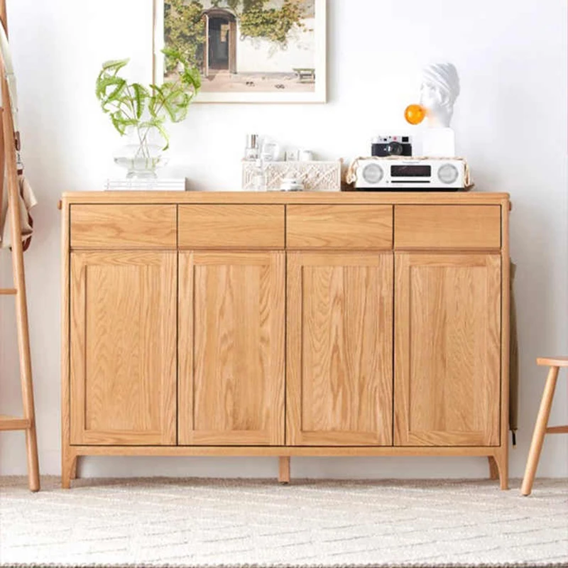 solid-oak-4-door-entryway-shoe-cabinet Front view of modern Japandi style solid oak 4-door shoe storage cabinet with top drawers in an aesthetic foyer.