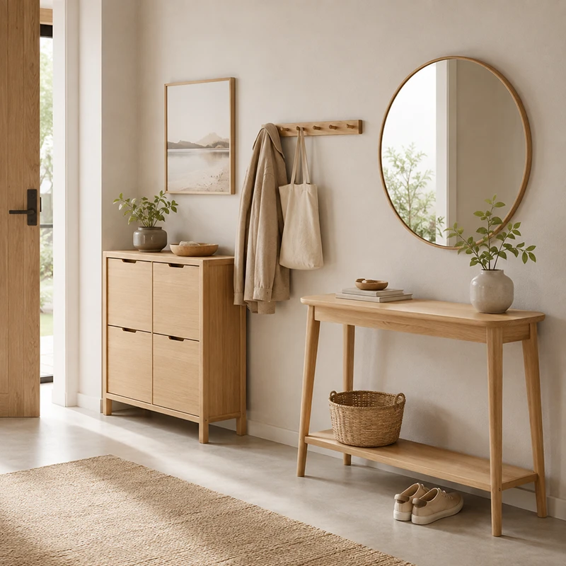 Modern minimalist solid oak entryway console table with bottom shelf, round mirror, and wall coat rack.