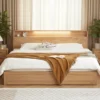 Modern solid natural oak platform storage bed frame with warm LED backlit headboard and cozy bedroom styling.·