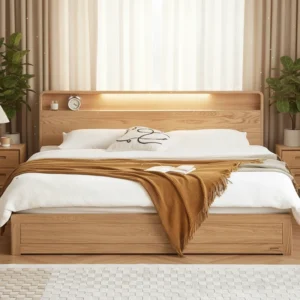 Modern solid natural oak platform storage bed frame with warm LED backlit headboard and cozy bedroom styling.·