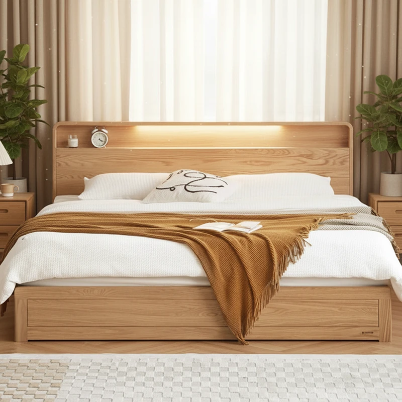 Modern solid natural oak platform storage bed frame with warm LED backlit headboard and cozy bedroom styling.·