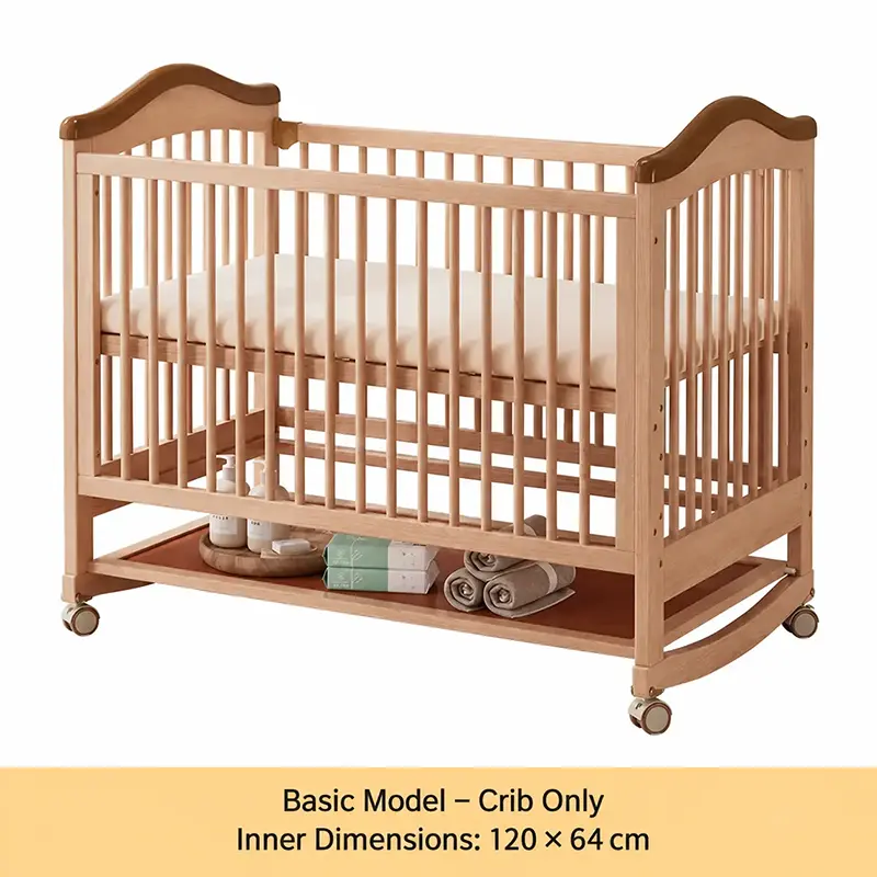Natural finish solid wood convertible baby cot bed with bottom shelf, inner dimensions 120 by 64 cm.