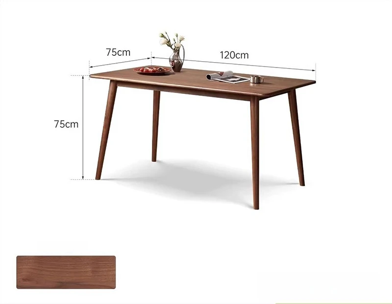 Dimension diagram of 120cm by 75cm solid wood dining table with tapered legs and color swatch.