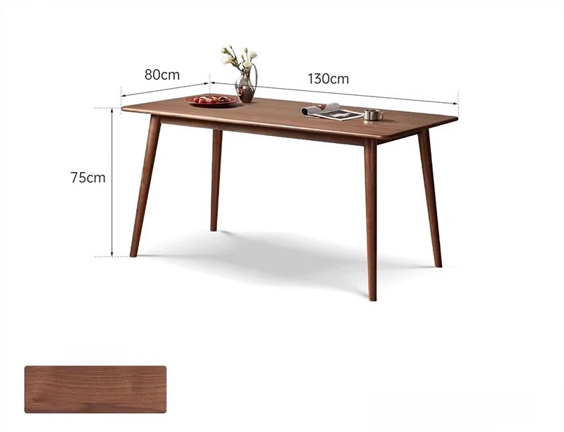 Specification chart showing 130cm by 80cm solid timber dining table height and width details.