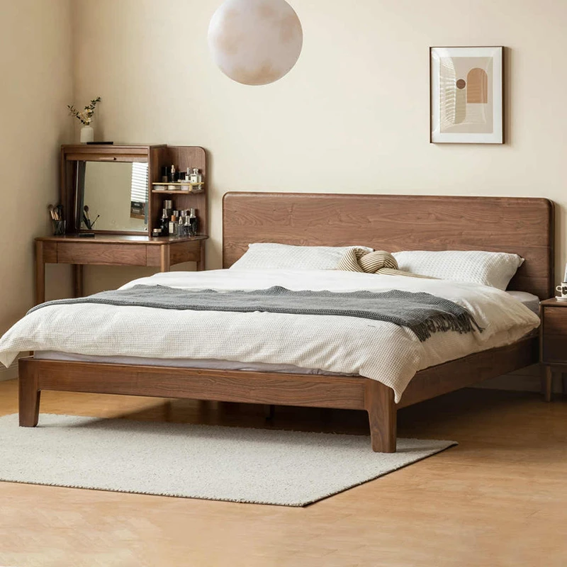 walnut-bed-frame-baseboard-gap-fitting-design Baseboard-friendly design of walnut bed frame leg allowing flush fit against the bedroom wall.