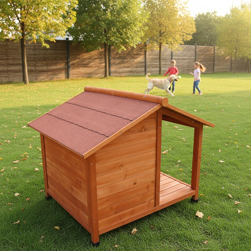 Weatherproof solid timber dog kennel cabin placed on green backyard lawn with dog and children playing in background.