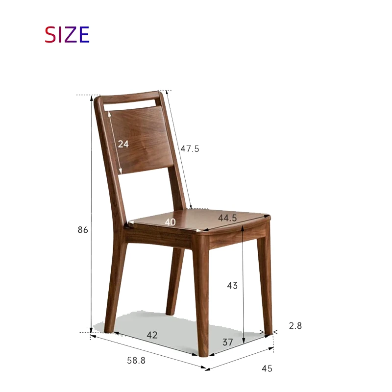 manna-black-walnut-dining-chair-dimensions-spec Size drawing of a black walnut dining chair showing 86cm total height, 43cm seat height and seat dimensions.