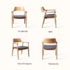 Four angles of a solid oak armchair with dark upholstered seat shown from the right side, flank, reverse side and forty five degrees.