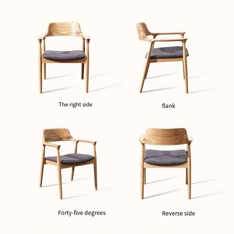 Four angles of a solid oak armchair with dark upholstered seat shown from the right side, flank, reverse side and forty five degrees.