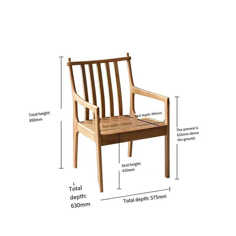 manna-oak-armchair-spindle-back-dimensions-spec Dimension diagram of oak dining armchair showing 850mm total height, 630mm depth, 420mm seat height and 495mm seat depth.
