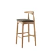 manna-oak-bar-stool-woven-seat-main Main view of solid oak bar stool with curved backrest, dark grey woven fabric seat and four sided footrest stretchers.