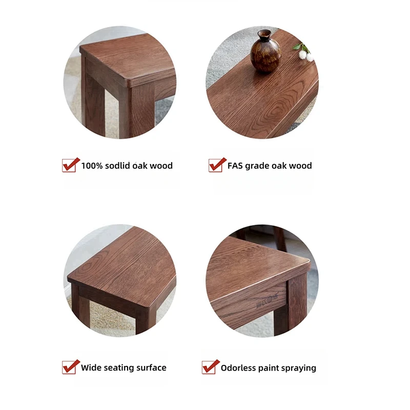 manna-oak-dining-bench-features Feature grid of a brown oak dining bench showing oak wood grain, wide seating surface and odourless paint finish.