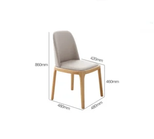 Dimension overlay of oak dining chair with beige upholstered backrest and seat, 860mm tall and 480mm deep.