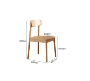 Dimension overlay of light oak dining chair with curved solid wood backrest and square seat, 800mm tall.