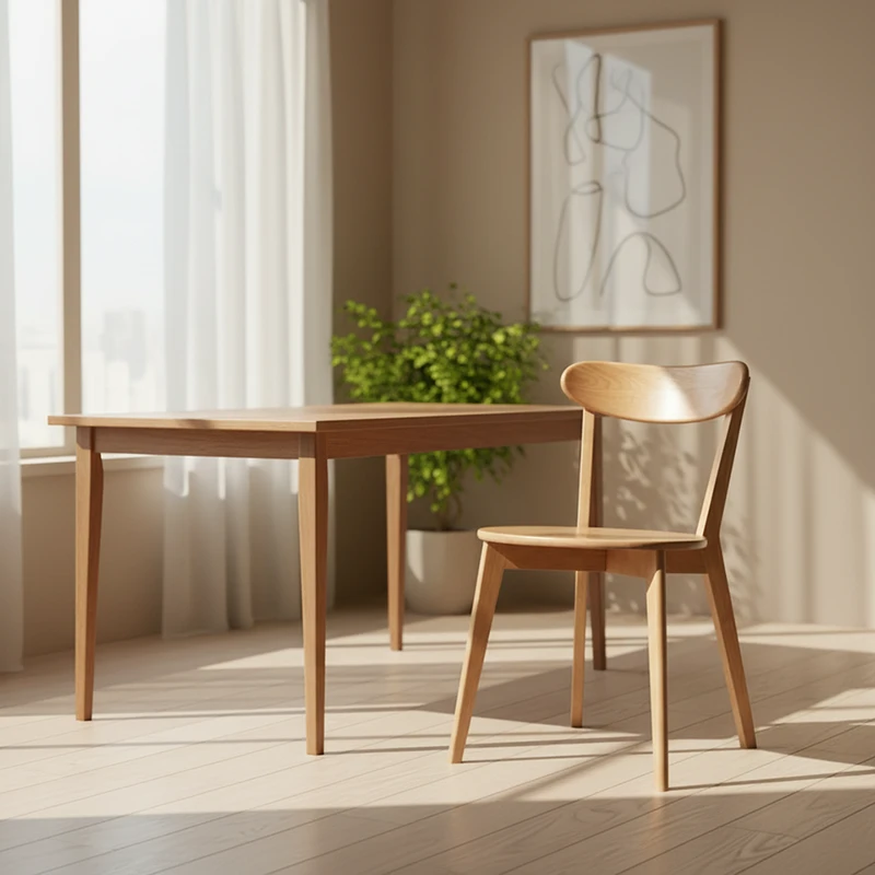 manna-oak-dining-chair-curved-back-lifestyle Solid oak dining chair with curved backrest and tapered legs in a sunlit room beside a wooden table and plant.