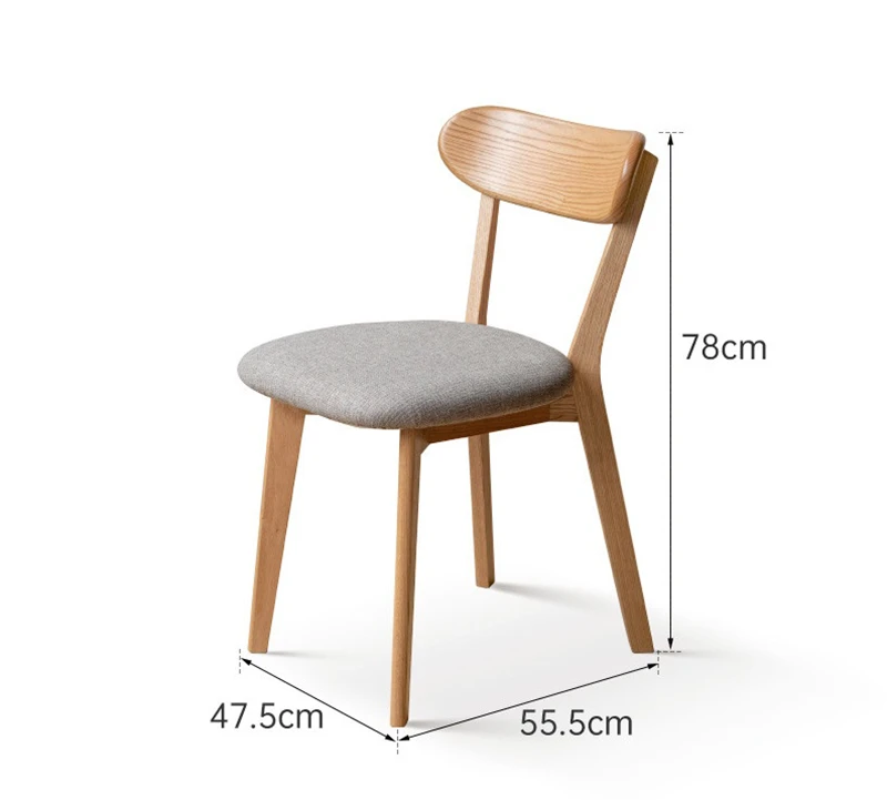 Side view size guide of an oak dining chair with a curved wood backrest and grey fabric upholstered seat, 78cm high.