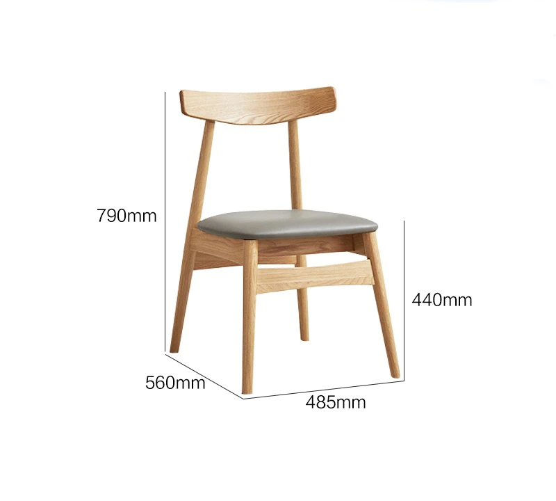 Dimension overlay of solid oak dining chair with curved backrest and grey upholstered seat, 790mm tall and 485mm wide.