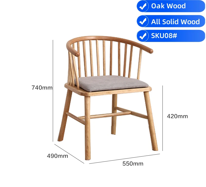manna-oak-dining-chair-spindle-back-size-guide Side view size guide of a solid oak barrel dining chair with a curved spindle back and grey upholstered seat cushion.