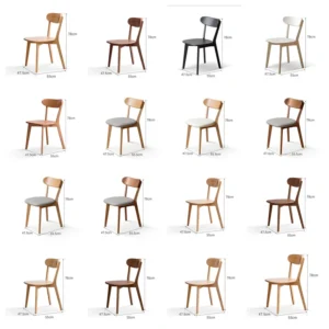 Size chart of oak dining chair shown in sixteen wood finish and upholstery colour variations, each 78cm tall.
