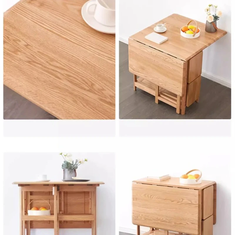 Material detail collage of an oak folding dining table showing the wood grain top and folded leaf positions.