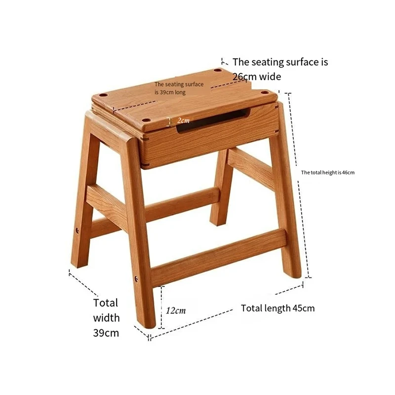 Dimension diagram of oak folding step stool showing 45cm by 26cm seat, 48cm total height and 39cm width.