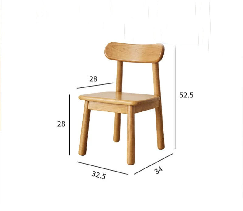Dimension overlay of solid oak children's chair with curved backrest and plain wooden seat, 52.5cm tall.