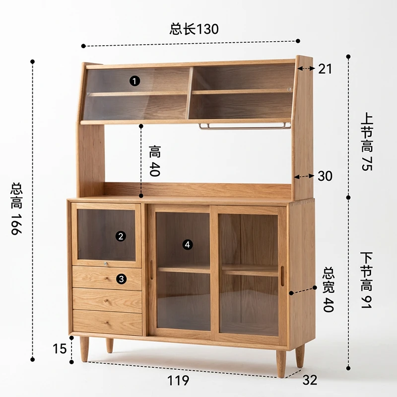 manna-oak-sideboard-dimensions-spec Line drawing dimensions spec of an oak sideboard hutch showing 130cm width, 166cm height, 40cm depth and 15cm leg height measurements.