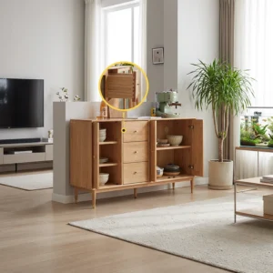 Lifestyle view of a solid oak sideboard with folding doors open to reveal shelves, three drawers and brass capped tapered legs in a living room.