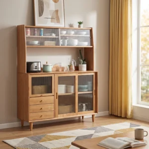 Lifestyle view of an oak sideboard hutch with fluted glass sliding doors and drawers, styled with a toaster beside a low table with books.