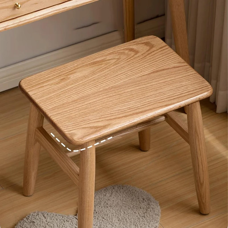 manna-oak-square-stool-seat-detail Detail close up of solid oak square stool seat showing rounded corners, wood grain and H stretcher joinery.