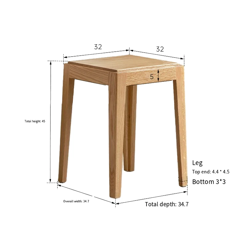 manna-oak-stool-dimensions-spec Dimension drawing of a solid oak square stool with 32cm by 32cm top, 45cm total height and 34.7cm leg spread.